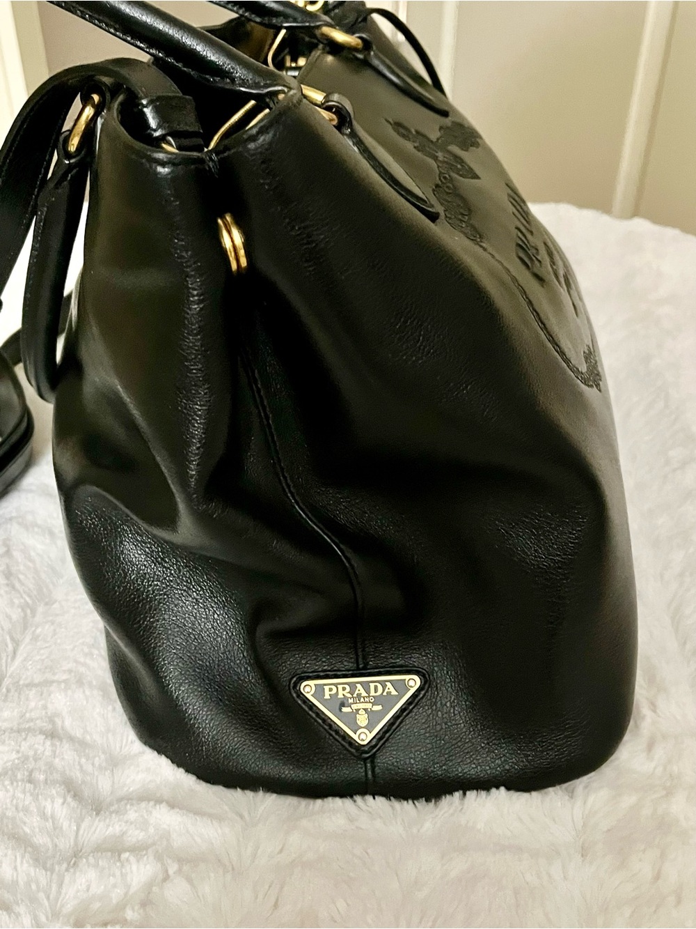 Prada Black Leather Glacé Calfskin Embossed Leather Logo Tote (Authentic) - Picture 5 of 15